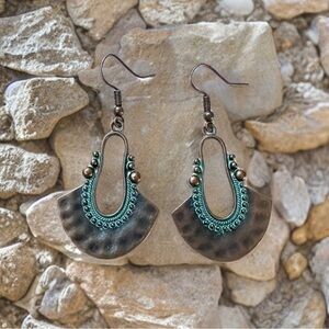 Vintage Style Turquoise & Copper Color Drop Hoop Earrings